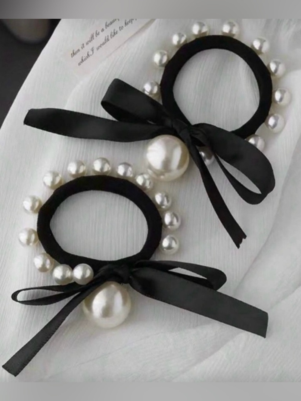 Set of 2-Black Ribbon Pearl Hair Ties